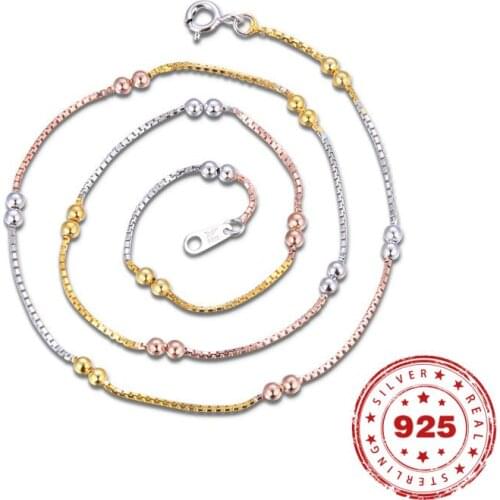 Elegant S925 Sterling Silver Necklace For Women Color Gold Double Bead Box Chain Clavicle Chain Birthday Fine Jewelry Gift
