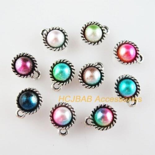 30 New Round Charms Mixed Acrylic Flower Pendants Tibetan Silver Tone 8x11mm