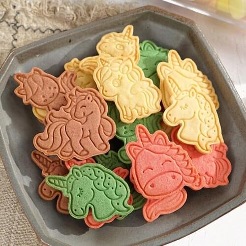 6pcs/set Unicorn Shape Cookie Cutters Plastic 3D Cartoon Pressable Biscuit Mold Cookie Stamp Kitchen Baking Pastry Bakeware Tool