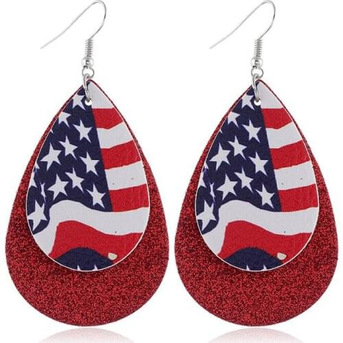 Glitter National Flag Teadrop PU Leather Drop Earrings Pentacle Printed Vegan Leather Drop Earrings for Woman