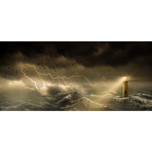 Large Seascape Oil Painting Hand Painted on Canvas for Wall Decoration Lighthouse In A Stormy Sea High Quality Horizontal