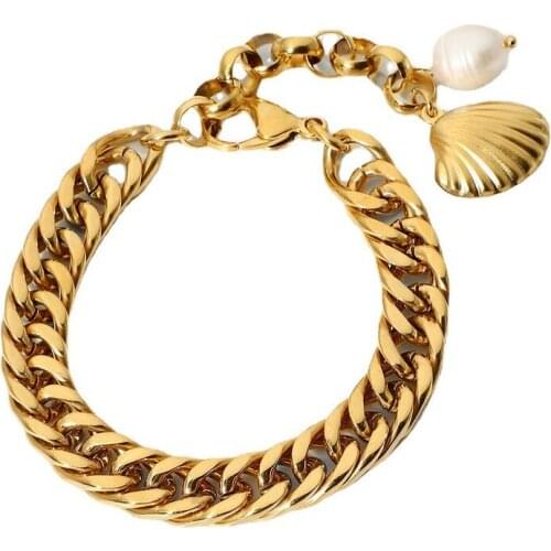 Stainless Steel Freshwater Pearl Bracelet Gold-plated 10mm Wide Double Cuban Chain Short and Fat Bracelet Woman Bracelets on Han