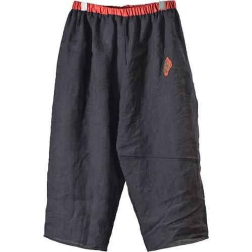 Ramie Wide Leg Pants Women Loose elastic Waist Trousers Summer Original Embroidered Solid Color Baggy Flax Travel Bloomers