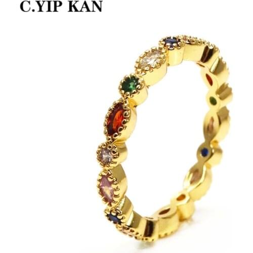 C.YIP KAN Hot Sale Thin Rainbow CZ Gold Ring For Women Fashion Engagement Wedding Band Top Quality Charm Jewelry