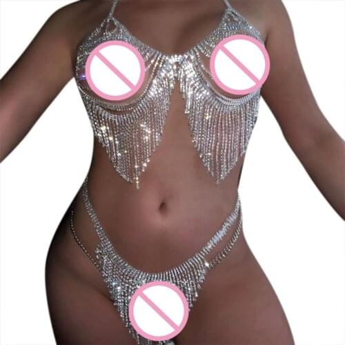 Women Sexy Glitter Rhinestone Body Chain Bikini Set Shiny Faux Crystal Tassels Bra and Panties Underwear Jewelry Lingerie Party
