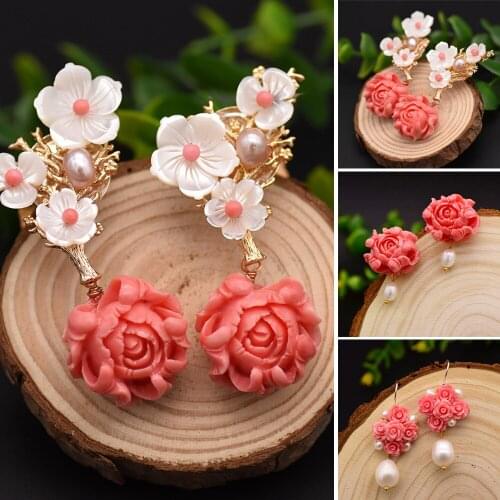 Coral Powder Embossed Fresh Water Pearl Flower Drop Dangle Earrings for Women Party Gifts Girls Handmade Fine Fashion Jewelry