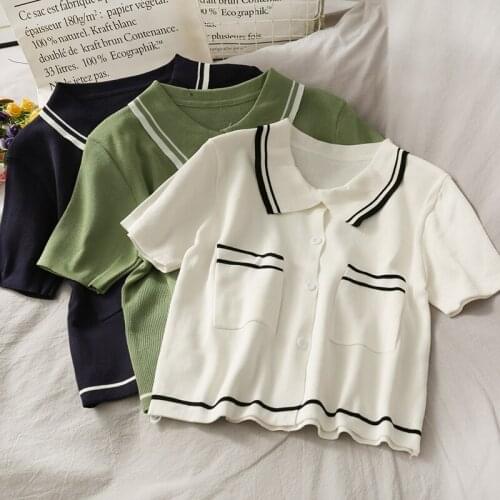 Short Striped Lapel Pullover Womens 2021 New Slim Short Sleeve Pocket Knitted Cardigan