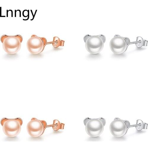 Lnngy 925 Sterling Silver Cute Bear Earrings Nature Freshwater Pearl Earrings Elegant Pearl Stud Earrings Fashion Lady jewelry