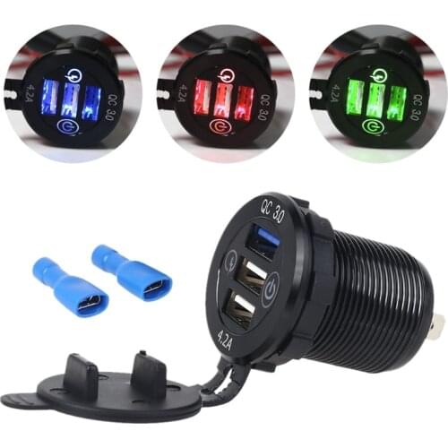 Metal Touch ON OFF Switch Car Boat SUV Truck Bus Marine 12V 24V QC3.0 Car 3 USB Fast Charger Socket Power Outlet for Cellphone T