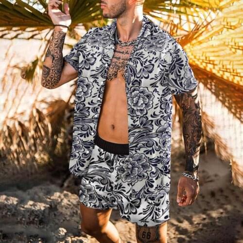 Men Hawaiian Sets Printing 2021 Summer Short Sleeve Button Floral Shirt Shorts Beach Suit Men Streetwear Fashion 2 Pieces