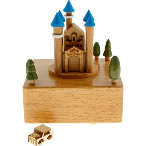 Blue Castle - Wooden Musical Box Classical Melody, with a Small Moving Car, Gift for Kids Family and Friends