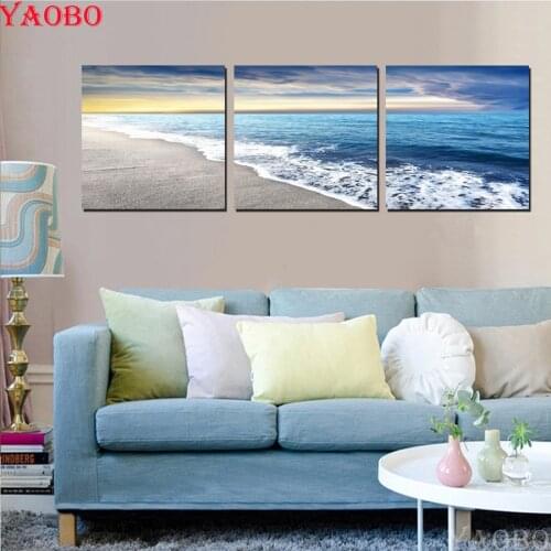 3 Pcs Set Beach Sandy Sea Wave Seascape DIY diamond Painting By Numbers diamond embroidery mosaic cross stitch full square round