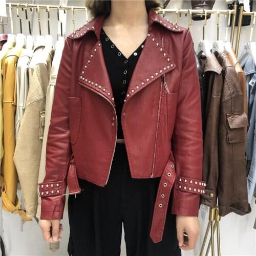 Punk Streetwear Rivet Short Faux PU Leather Jacket Waist Buckle Belt Women Slim Motorcycle Biker Jacket Female Spring Autumn New