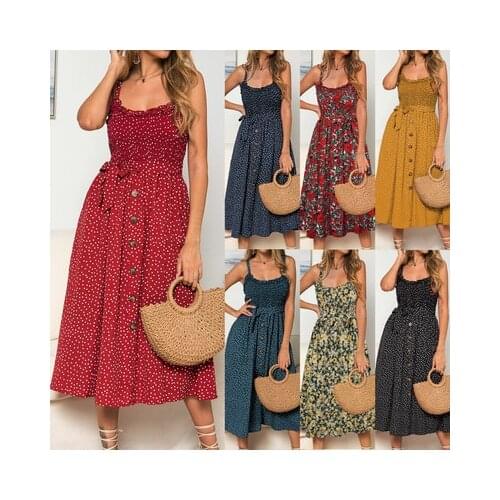 Sexy Summer Womens Polka Dot Dress 2021 Strap Ruffle Button Elegant Midi Dress Beach Backless Women Casual Vintage Long Dresses