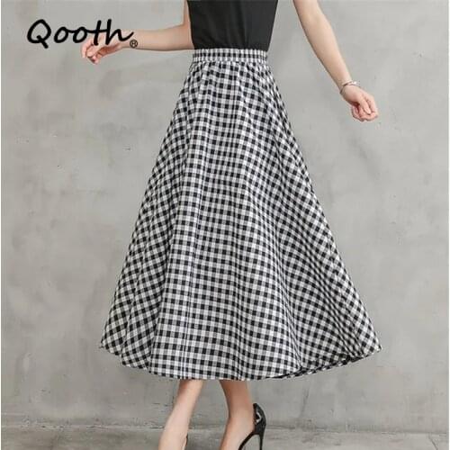 Qooth Plaid Skirts Womens Summer Beach Long Skirt High Elastic Waist Big Hem Plaid Flare Skirt Cotton Blend Women Jupe QH2301