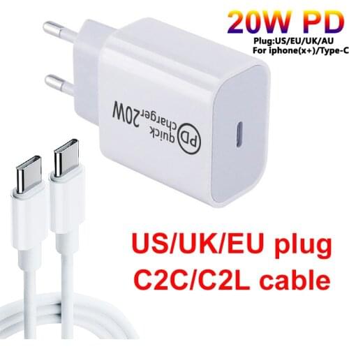 20W PD USB Type C Charger Adapter For iPhone 12 QC 3.0 Fast Charging EU/AU/UK/US Plug Charger for Apple For Xiaomi USB cable
