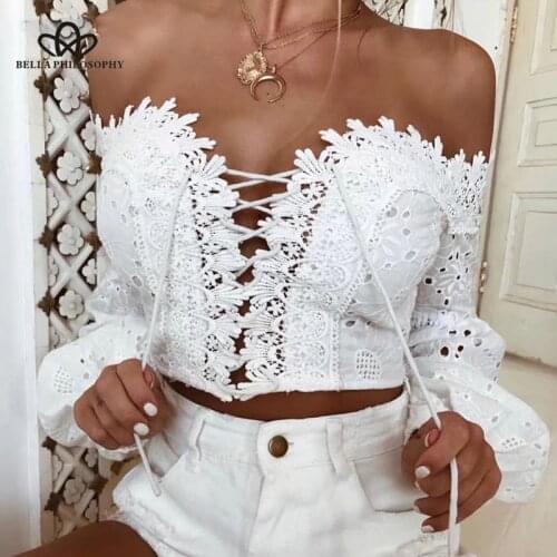Bella Philosophy women sexy lace hollow out short blouse floral lace up slash neck shirts lantern sleeve clubwear blusas