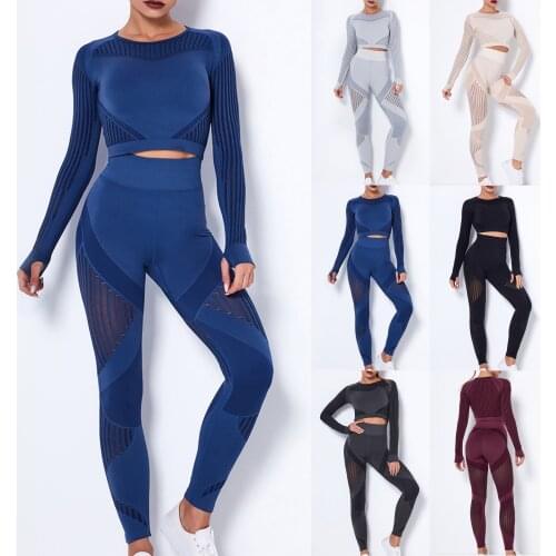Solid Casual Tracksuit Women Sports 2 Pieces Set Seamless Striped Hollow Yoga Clothing Set Hip Quick-drying Fitness Suit