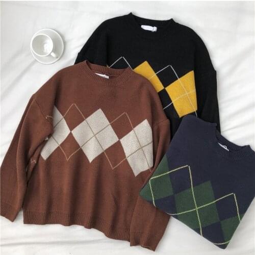 JMPRS Knitted Sweater Women Argyle Oversize Pullover Jumper Casual O Neck Vintage Plaid Long Sleeve Winter Loose Black Tops 2021