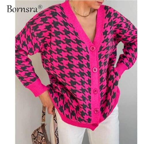 Bornsra 2021 Sweater Womens Loose V-neck Houndstooth Long Sleeve Knit Cardigan Jacket Contrast Color Regular Sweater Women