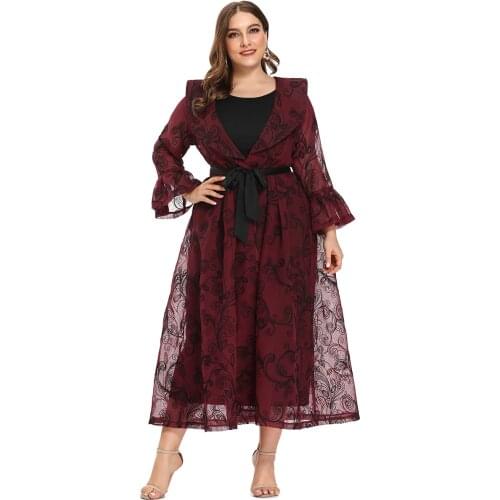 2021 Abaya Long Spring Womens Dresses Butterfly Sleeve Plus Large Size Fashion Elegant Mesh High Waist Sashes Maxi Dress