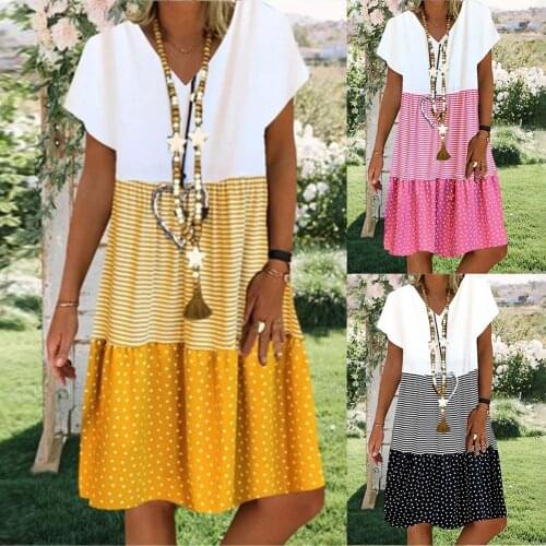 Women Boho V Neck Short Sleeve Stripes Dots Patchwork Loose Knee-length Dress