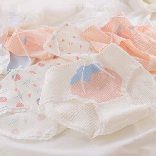 5Pcs/1lot Kids Girls Strawberry Printed Underwear Cotton Briefs Pink White Teenage Student Sweet Underwear Striped Briefs S M L