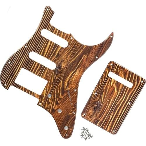FLEOR Wood Color 11 Holes SSH Guitar Pickguard HSS & Back Plate & Screws for ST Guitar Parts