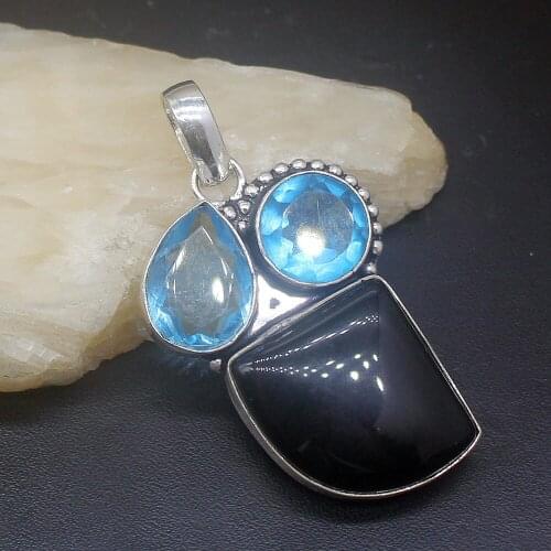 Gemstonefactory Jewelry Big Promotion 925 Silver Fancy Black Onyx Blue Topaz Women Ladies Gifts Necklace Pendant 0496