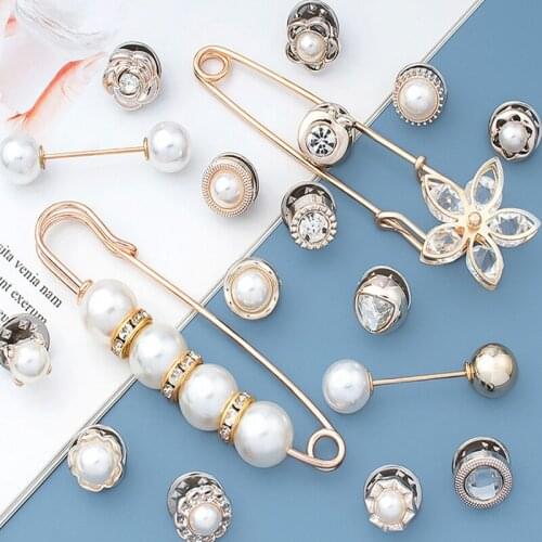 Women Fashion Pearl Cufflinks Waist Buckle Pin Jewelry Accessories Female Skirt Brooch Metal Buttons Set