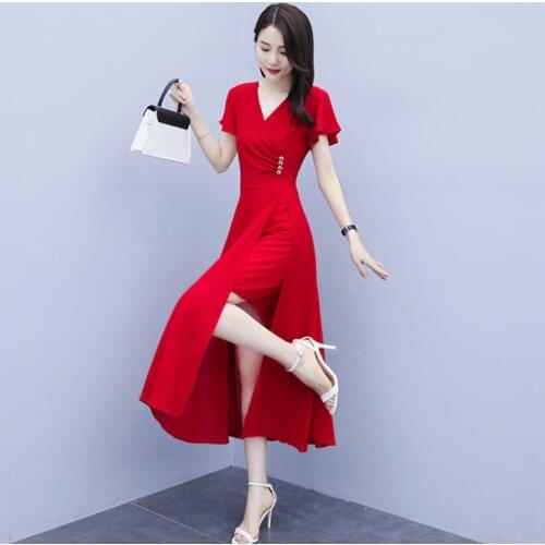 M-3XL Women Chiffon Long Dress Summer 2021 New Fashion Elegant Short-sleeve Split Hem Slim Thin Dresses Female
