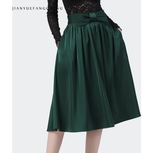 Fashion Matte High Waist A-Line Green Satin Skirt Women Bowknot Decoration Mid-Length Pleated Skirts Elegant Office Lady Bottoms