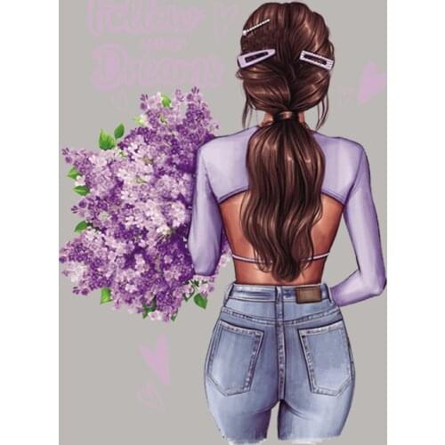 Purple Flower Girl Badges Patches Vinyl Appliqued Diy Fashion Heat Transfer Tops Iron On Patches Washable Over Powder Sticker