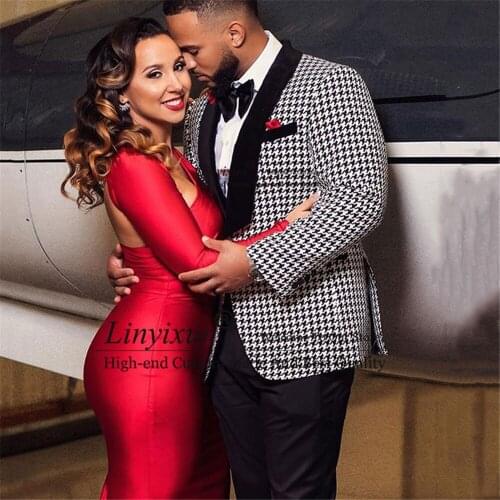 Fashion Houndstooth Prom Men Suits for Wedding Tuxedo Groom Slim Fit African Male Costume Homme 2 Piece Blazer and Black Pants
