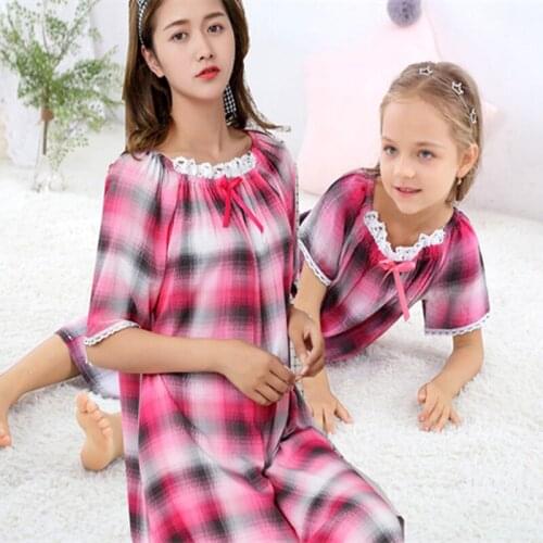 GirlS Summer Dress Mother And DaughterS Nightgown Student Cotton Silk England Style Blue Check Nightdress Casual Home Clothing