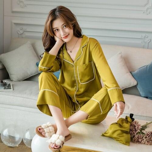 2020 hot sale fashion satins ice silk noble sleepwear women pajamas sets Korea sweet quality long sleeve trousers pyjamas women