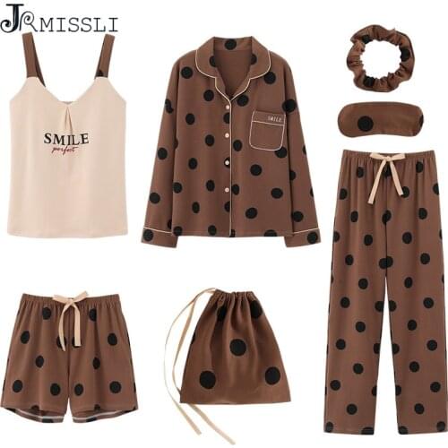 JRMISSLI 7pcs set Pyjamas Set Ladies Cotton Sweet Home Outerwear Women Sleepwear Set Home Wear Clothing Dot Print Pajama sets