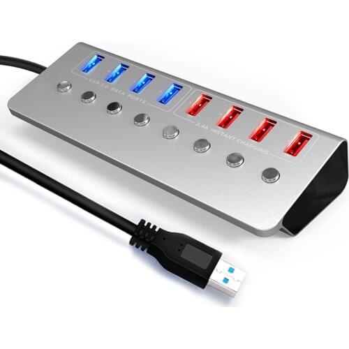 Powered USB 3.0 Hub, 8 Ports USB Hub Splitter (4 High Speed Data Transfer Ports + 4 Charging Ports) with Individual Switches