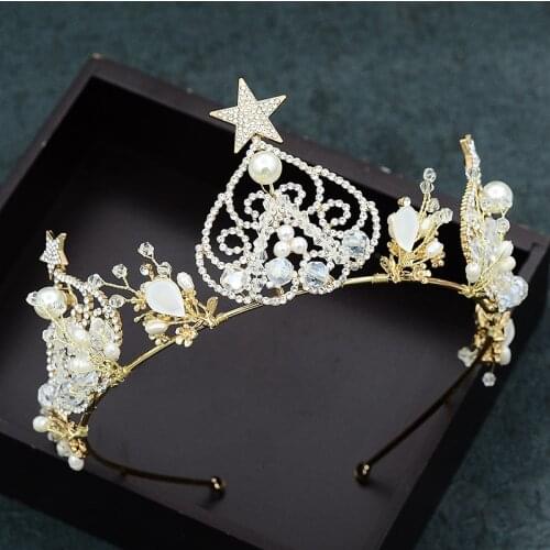 New Gold Color Star Headband Crystal Rhinestone Pearl Crown Hairbands Handmade Hair Jewelry Bride Women Wedding Hair Accessories