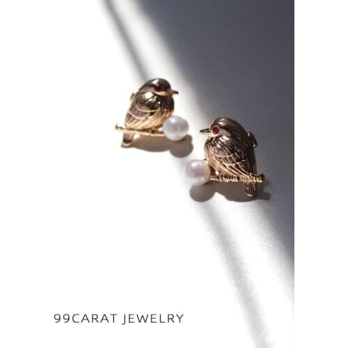 99 carat small crowd S925 silver needle branch small fat bird earrings pearl embellishment fresh lovely personality female WS