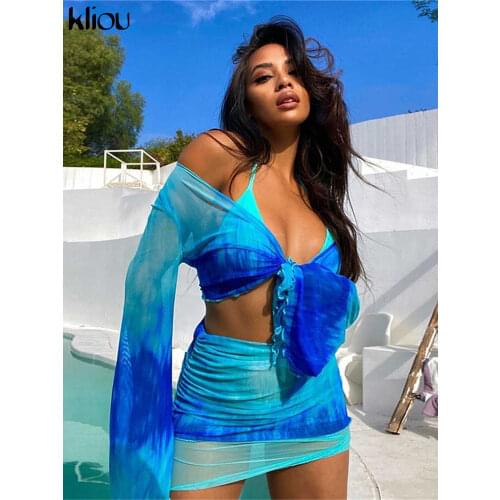 Kliou Printed Mesh Tie Up Top+Skirt Matching Sets Flare Long Sleeve Holiday Club Outfit For Women Casual Drawstring 2 Piece Set