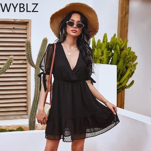 WYBLZ Summer Beach Bohemia Womens Dress 2021 Fashion Sexy Deep V Neck Short Sleeve Casual Black Party Lace Ladies Mini Dress