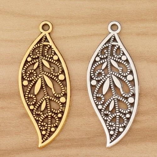 10 Pieces Tibetan Silver/Gold Filigree Leaf Charms Pendants 2 Sided for Necklace Jewellery Making Accessories 43x17mm
