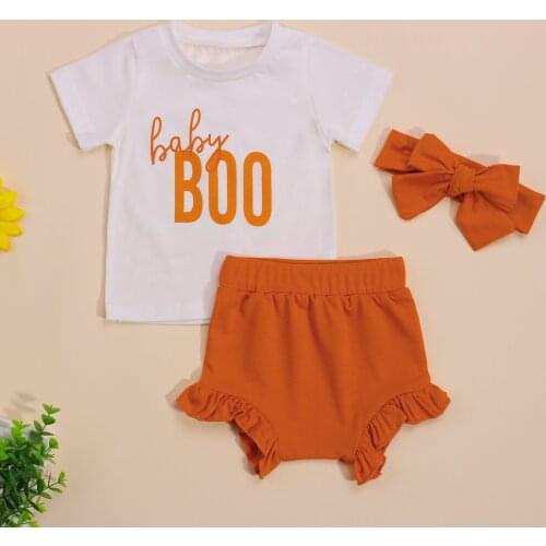 Baby 3Pcs Halloween Outfits, Short Sleeve Letter Print Tops + Ruffle Shorts + Headband Set