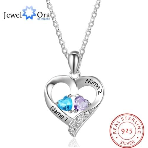 JewelOra Personalized 925 Sterling Silver Name Necklace with 2 Birthstones Custom Engraved Heart Pendant Necklace Mothers Gift
