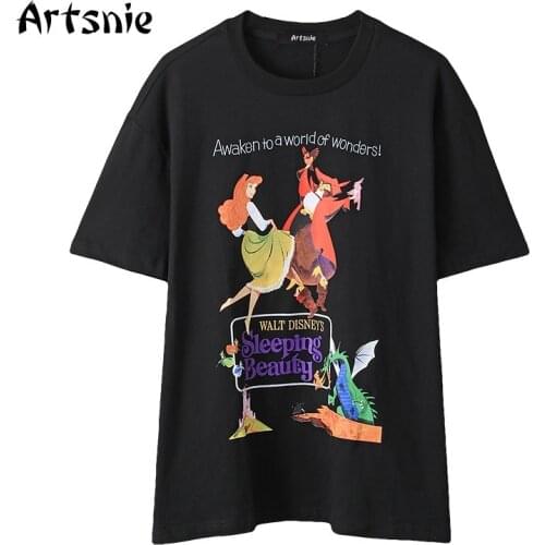 Artsnie Summer 2021 Cartoon Print T Shirt Women O Neck Short Sleeve Black Oversized Tops Streetwear Knitted Ladies T-shirts
