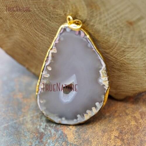 Large Free Form Gray Banded Agates Drusy Slice Charm Stripped Agates Druzy Necklace Pendant Gold Bail Approx 60 mm PM8899