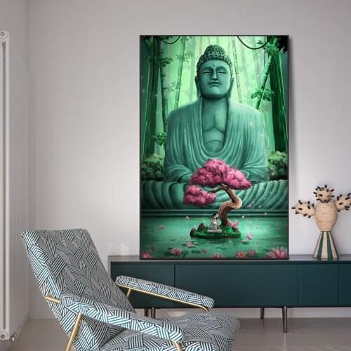 Buddhism Buddha Statue Green Bamboo Forest Canvas Painting Posters and Prints Wall Art for Living Room Home Decoration Painting