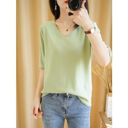 Pure cotton pullover women 2021 new solid color casual knit sweater half sleeve V-neck sweater Slim plus size top T-shirt