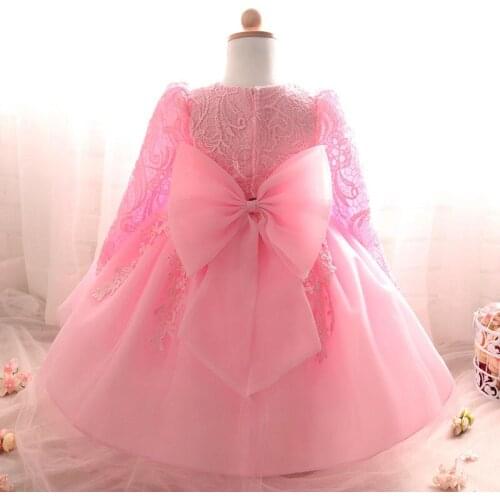Long Lace Bowknot Newborn Baptism Dress For Baby Girls First Birthday Party Wedding Dress Toddler Girl Christening Vestidos